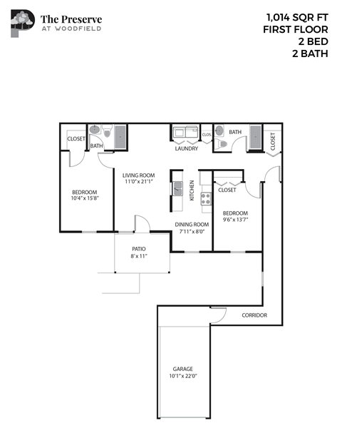Floor plan for 2 beds, 2 baths, 1014 sqft